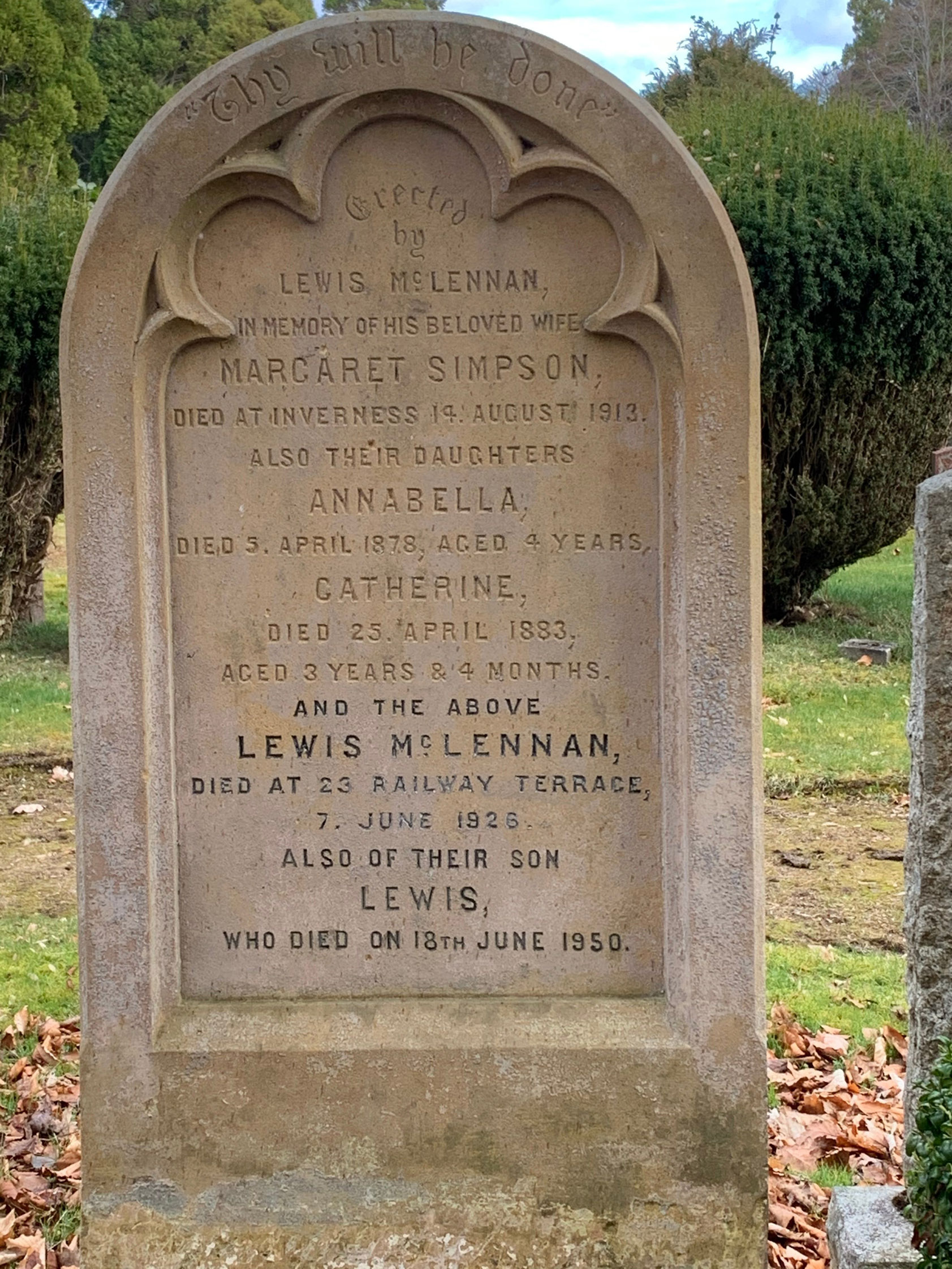 Photo of headstones/Lewis McLennan died 1926 MI Tomnahurich, Inverness